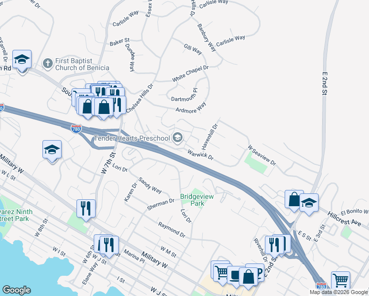 map of restaurants, bars, coffee shops, grocery stores, and more near Warwick Dr & Clearview Cir in Benicia