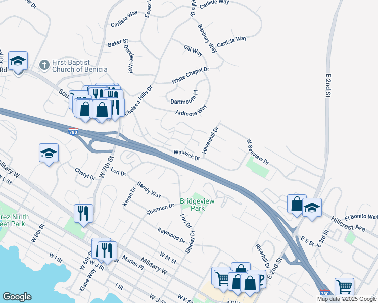 map of restaurants, bars, coffee shops, grocery stores, and more near 2015 Clearview Circle in Benicia