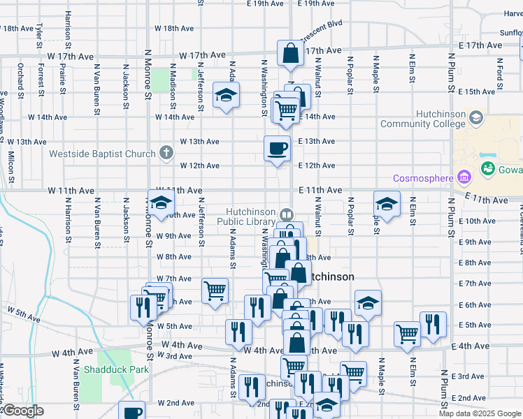 map of restaurants, bars, coffee shops, grocery stores, and more near 100 West 10th Avenue in Hutchinson