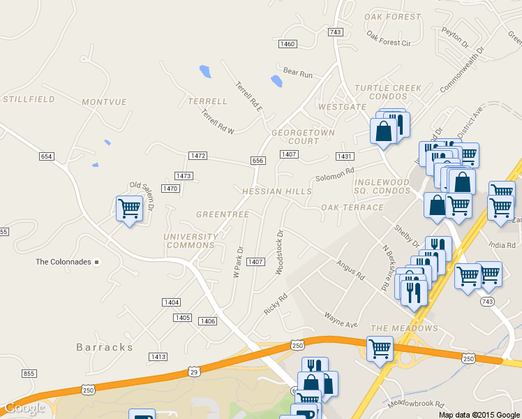 map of restaurants, bars, coffee shops, grocery stores, and more near 2300 Summit Road in Charlottesville