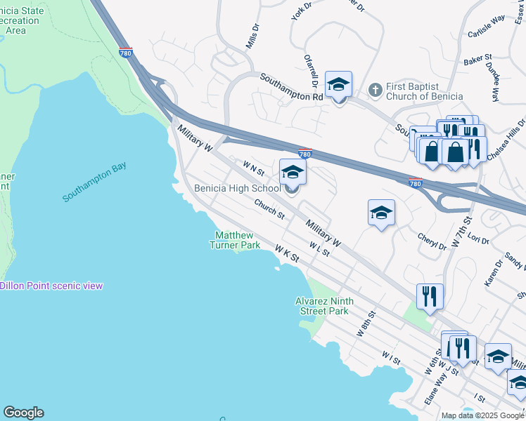 map of restaurants, bars, coffee shops, grocery stores, and more near 1180 Church Street in Benicia