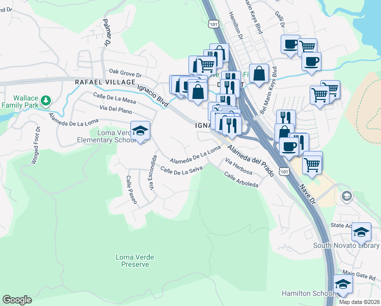 map of restaurants, bars, coffee shops, grocery stores, and more near 40 Corte Alta in Novato