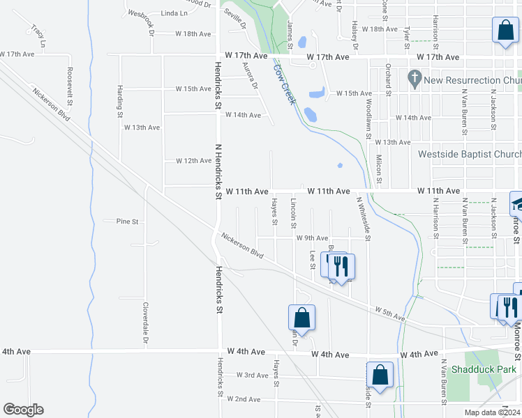 map of restaurants, bars, coffee shops, grocery stores, and more near 1004 Grant Street in Hutchinson