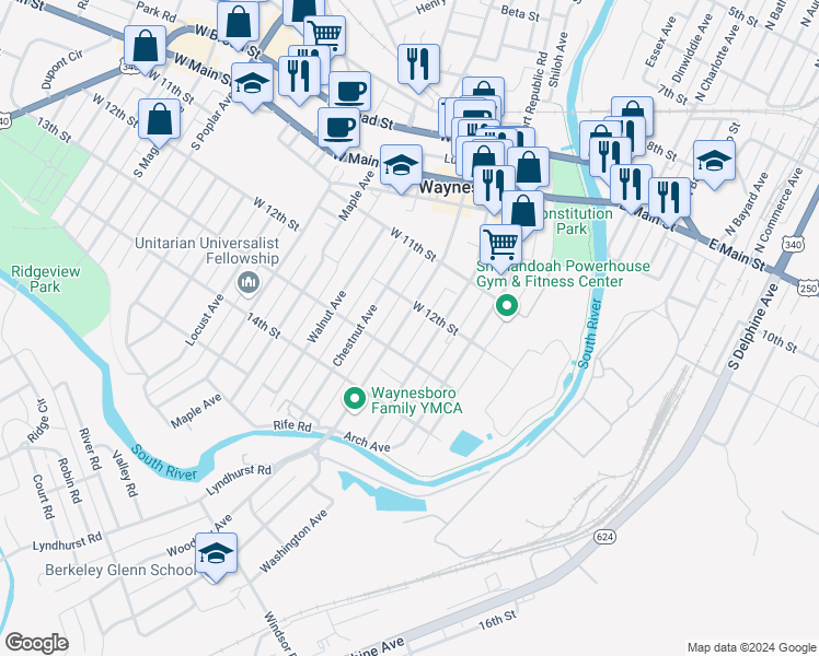 map of restaurants, bars, coffee shops, grocery stores, and more near 435 Market Avenue in Waynesboro