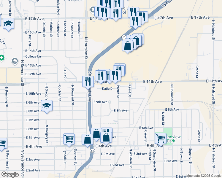 map of restaurants, bars, coffee shops, grocery stores, and more near 141101 Katie Drive in Hutchinson