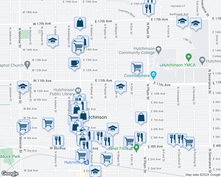 map of restaurants, bars, coffee shops, grocery stores, and more near 218 East 10th Avenue in Hutchinson