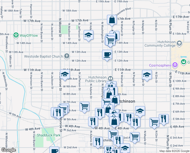 map of restaurants, bars, coffee shops, grocery stores, and more near 124 West 10th Avenue in Hutchinson