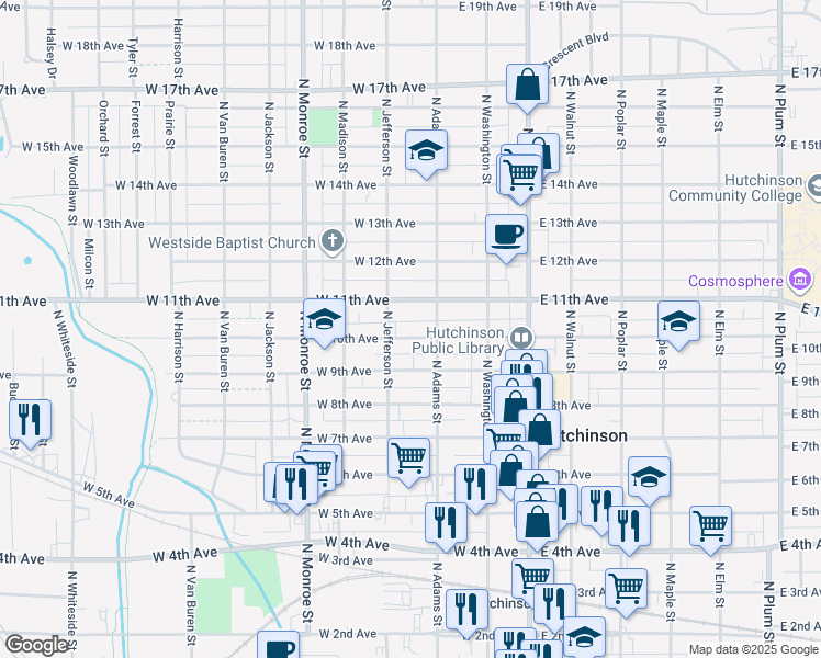 map of restaurants, bars, coffee shops, grocery stores, and more near 216 W 10th Ave in Hutchinson