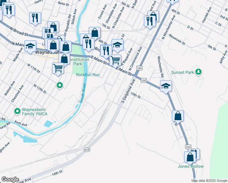 map of restaurants, bars, coffee shops, grocery stores, and more near 208 South Bayard Avenue in Waynesboro