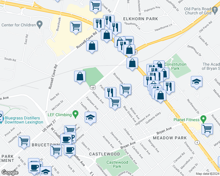 map of restaurants, bars, coffee shops, grocery stores, and more near 1403 Suncrest Avenue in Lexington
