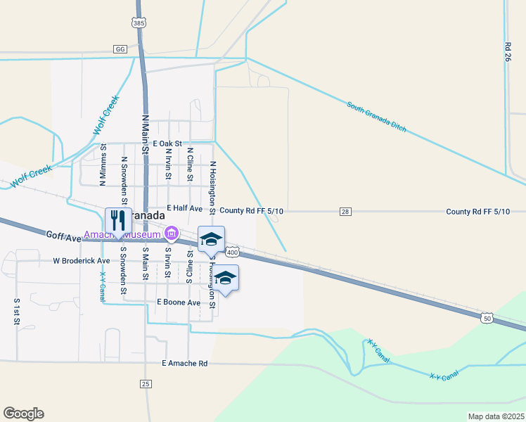 map of restaurants, bars, coffee shops, grocery stores, and more near County Road 28 in Granada