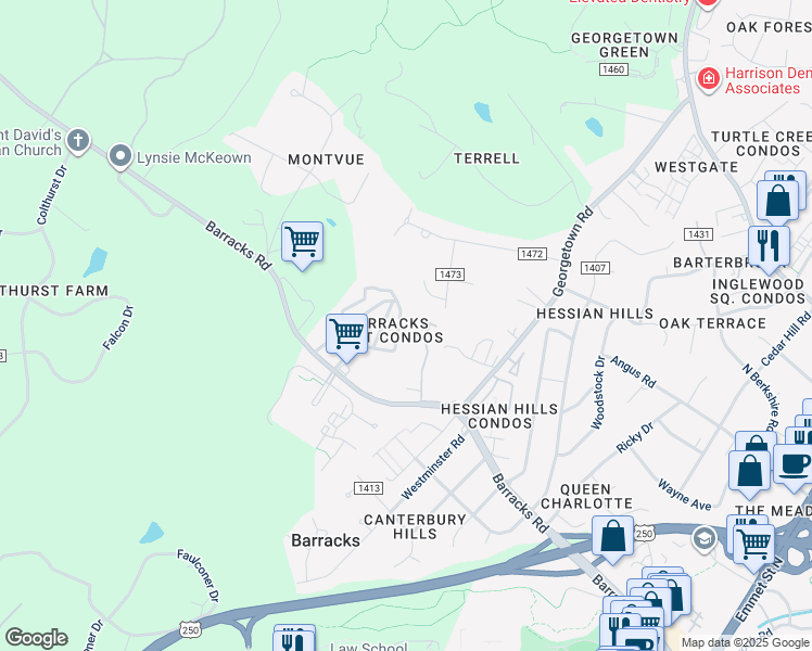 map of restaurants, bars, coffee shops, grocery stores, and more near 525 Burgoyne Road in Charlottesville