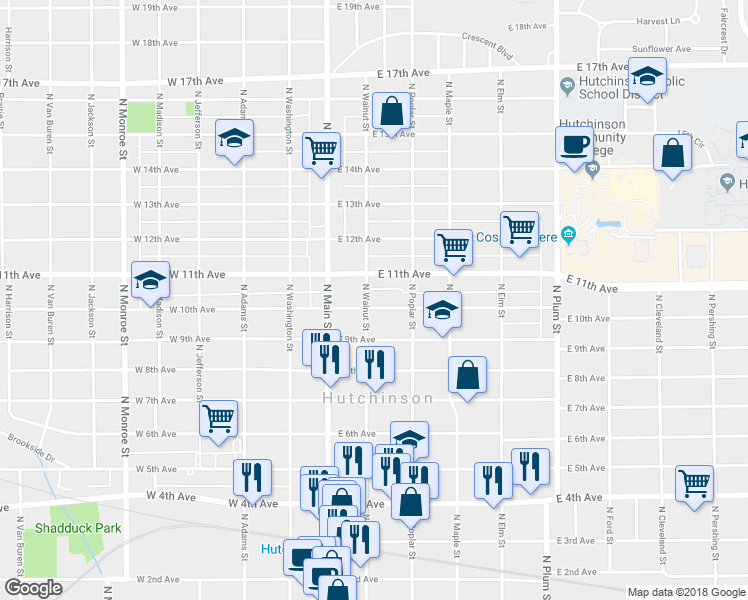 map of restaurants, bars, coffee shops, grocery stores, and more near 100 East 10th Avenue in Hutchinson