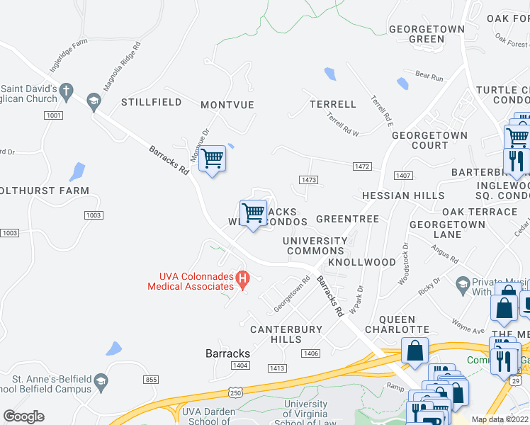map of restaurants, bars, coffee shops, grocery stores, and more near Runnel Court in Charlottesville
