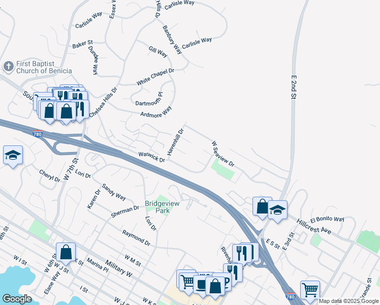 map of restaurants, bars, coffee shops, grocery stores, and more near 351 Arbor Court in Benicia