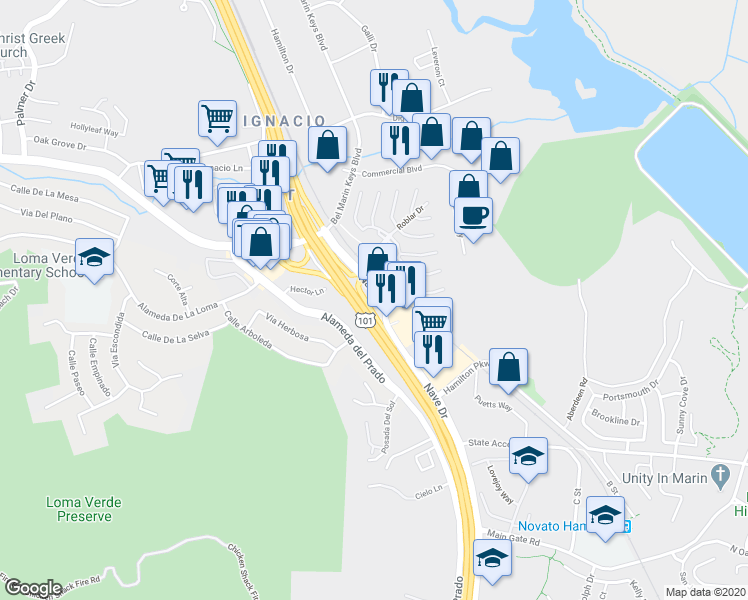 map of restaurants, bars, coffee shops, grocery stores, and more near 5821 Nave Drive in Novato