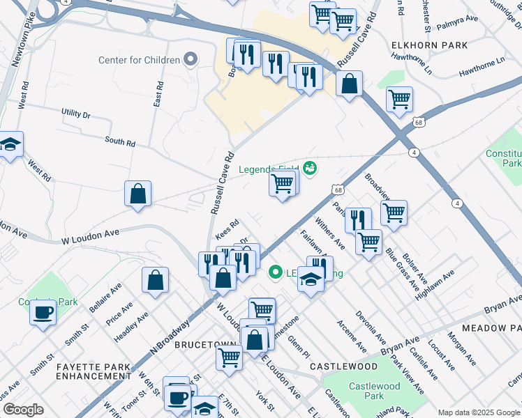 map of restaurants, bars, coffee shops, grocery stores, and more near 225 Twelfth Street in Lexington