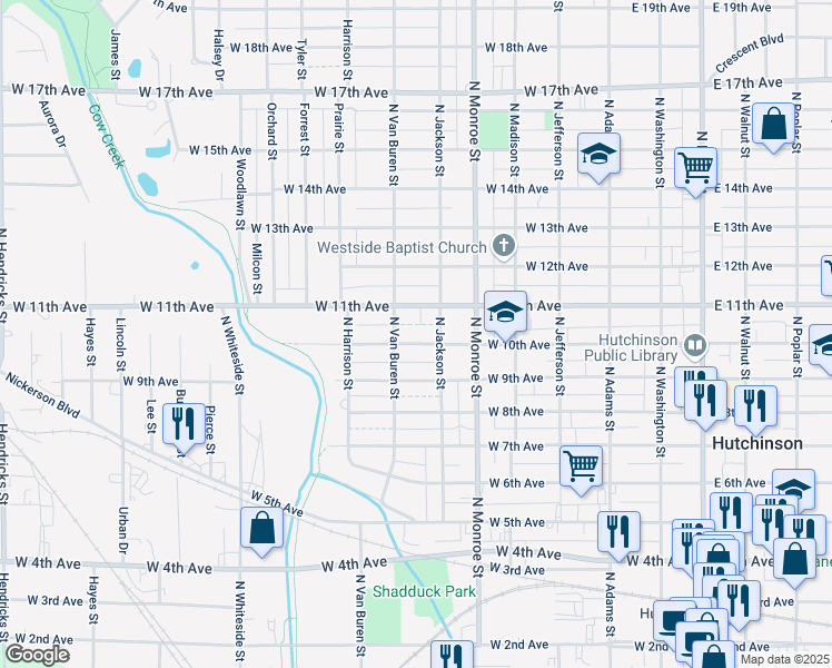 map of restaurants, bars, coffee shops, grocery stores, and more near 602 West 10th Avenue in Hutchinson