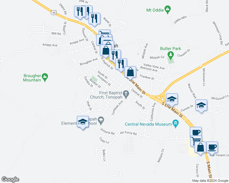 map of restaurants, bars, coffee shops, grocery stores, and more near 383 South Street in Tonopah