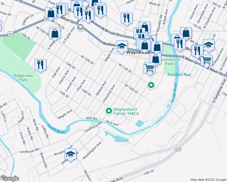 map of restaurants, bars, coffee shops, grocery stores, and more near 473 S Wayne Ave in Waynesboro