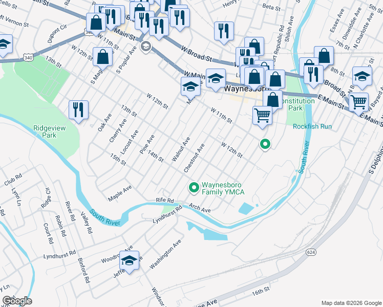 map of restaurants, bars, coffee shops, grocery stores, and more near 505 Chestnut Avenue in Waynesboro