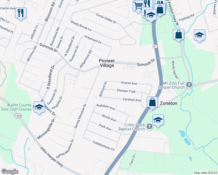 map of restaurants, bars, coffee shops, grocery stores, and more near 3305 Pioneer Trail in Pioneer Village