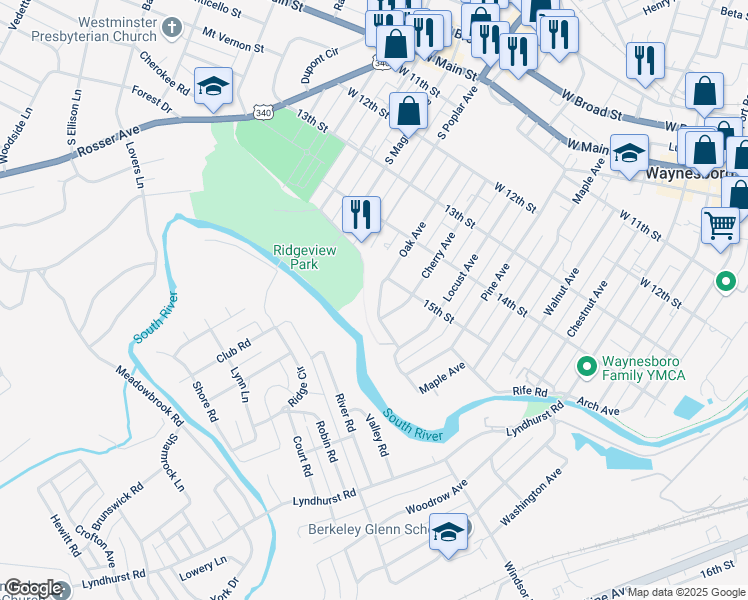 map of restaurants, bars, coffee shops, grocery stores, and more near 745 Oak Avenue in Waynesboro