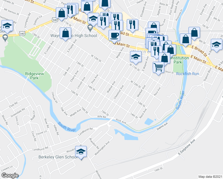 map of restaurants, bars, coffee shops, grocery stores, and more near 528 Walnut Avenue in Waynesboro