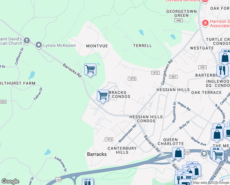 map of restaurants, bars, coffee shops, grocery stores, and more near 830 Runnel Court in Charlottesville