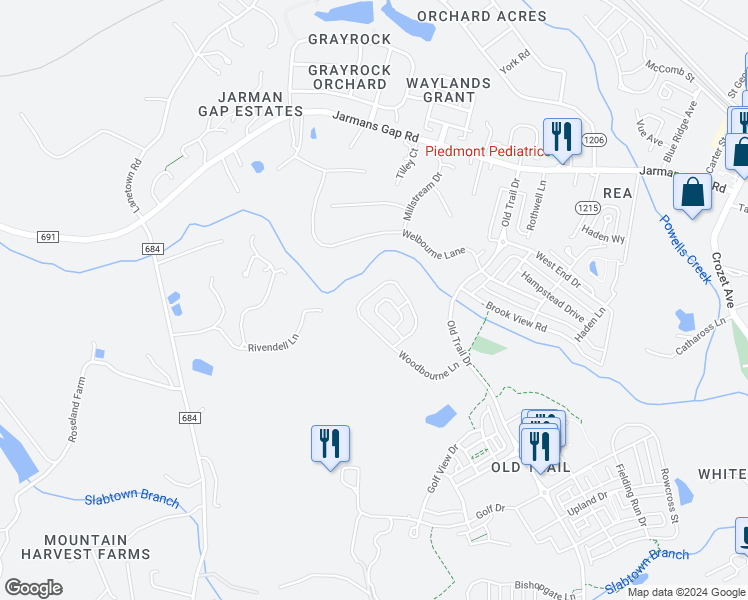 map of restaurants, bars, coffee shops, grocery stores, and more near 6546 Woodbourne Lane in Crozet
