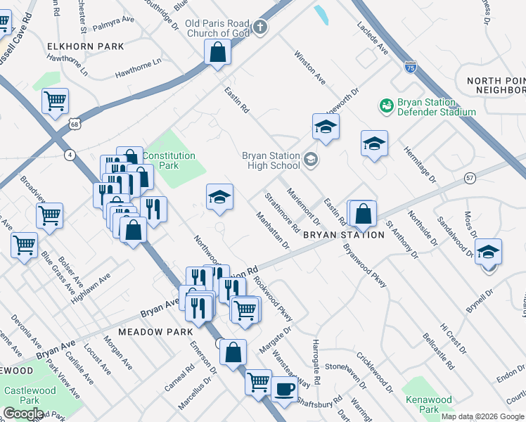 map of restaurants, bars, coffee shops, grocery stores, and more near 346 Manhattan Drive in Lexington