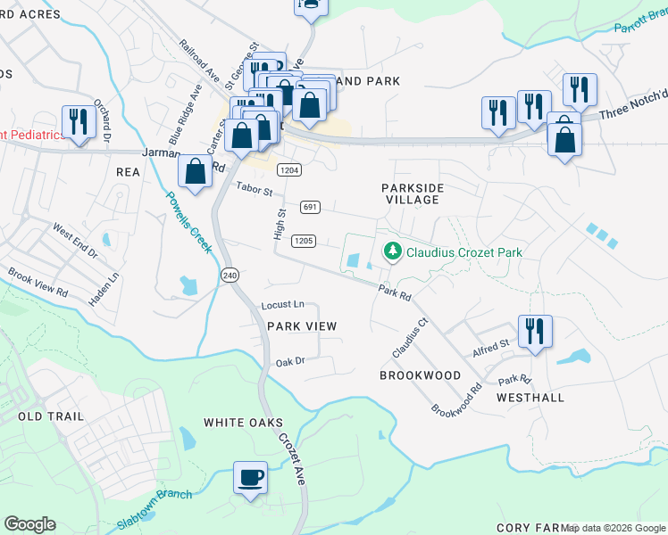 map of restaurants, bars, coffee shops, grocery stores, and more near 5700 Park Road in Crozet