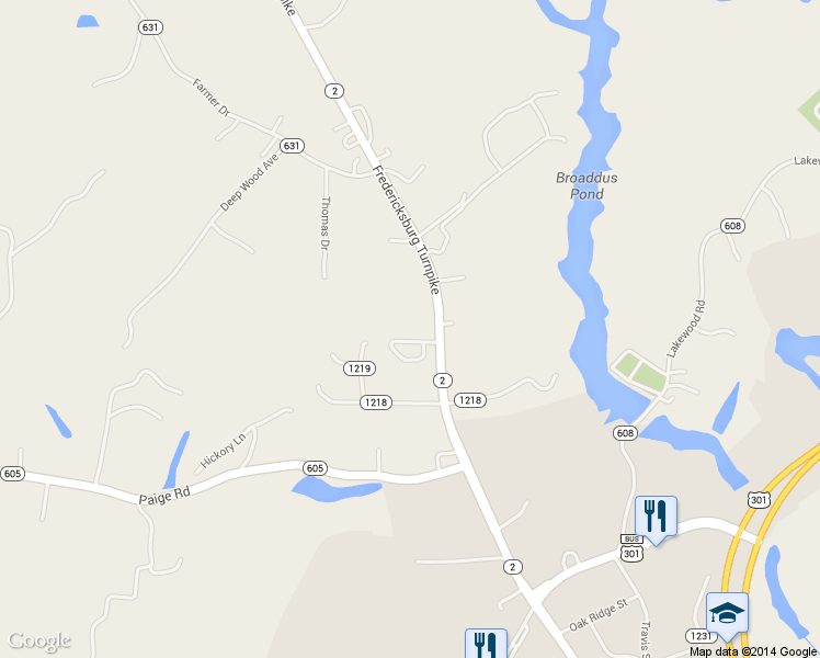 map of restaurants, bars, coffee shops, grocery stores, and more near 14380 Fredericksburg Turnpike in Woodford