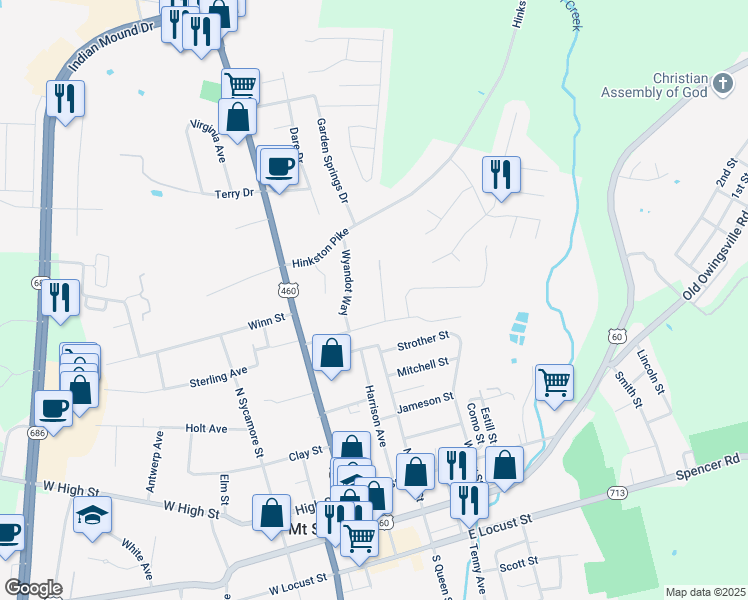 map of restaurants, bars, coffee shops, grocery stores, and more near 410 Nevada Avenue in Mount Sterling