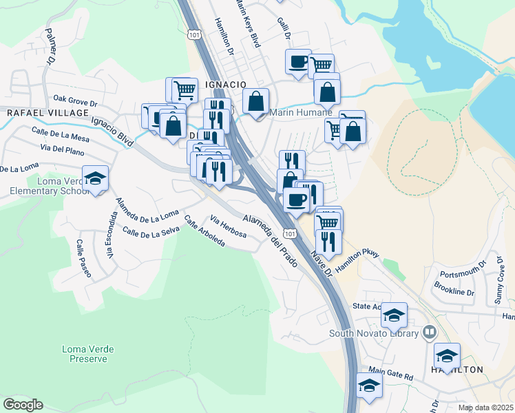 map of restaurants, bars, coffee shops, grocery stores, and more near 430 Alameda del Prado in Novato
