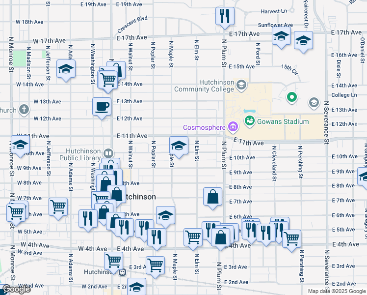map of restaurants, bars, coffee shops, grocery stores, and more near 306 East 10th Avenue in Hutchinson