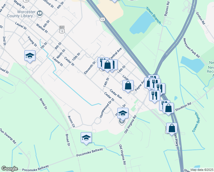map of restaurants, bars, coffee shops, grocery stores, and more near in Pocomoke City