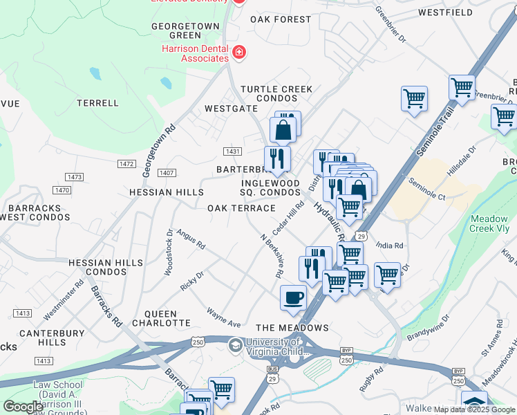 map of restaurants, bars, coffee shops, grocery stores, and more near 1803 Inglewood Drive in Charlottesville