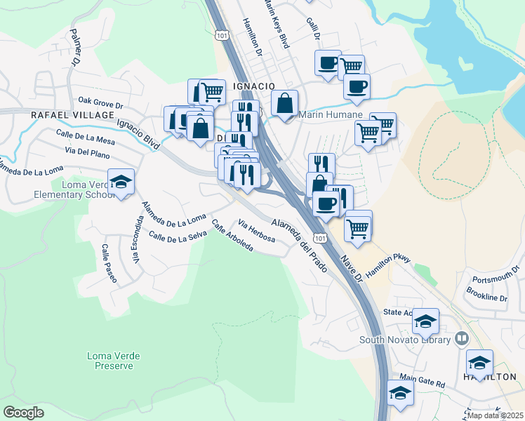 map of restaurants, bars, coffee shops, grocery stores, and more near 39 Hector Lane in Novato