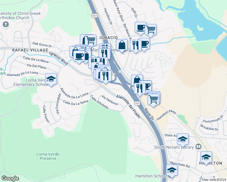 map of restaurants, bars, coffee shops, grocery stores, and more near 39 Hector Lane in Novato