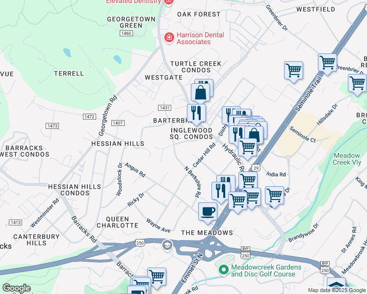 map of restaurants, bars, coffee shops, grocery stores, and more near 1803 Inglewood Drive in Charlottesville