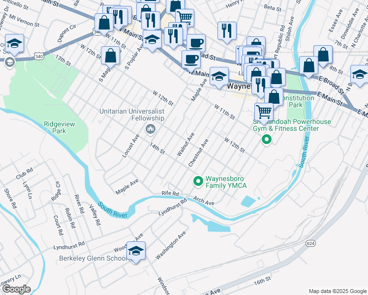 map of restaurants, bars, coffee shops, grocery stores, and more near 531 Walnut Avenue in Waynesboro