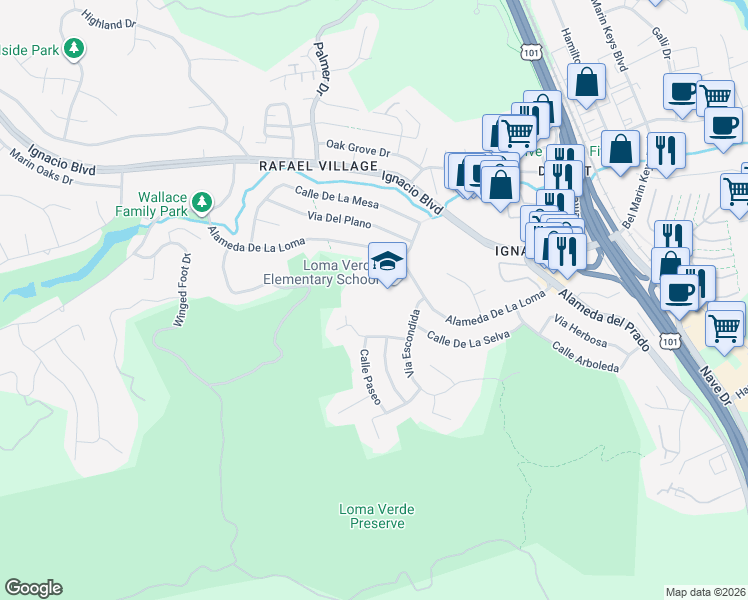 map of restaurants, bars, coffee shops, grocery stores, and more near 399 Alameda De La Loma in Novato