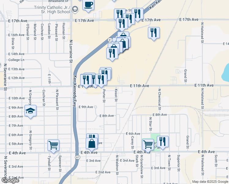 map of restaurants, bars, coffee shops, grocery stores, and more near 1621 Mustang Pass in Hutchinson
