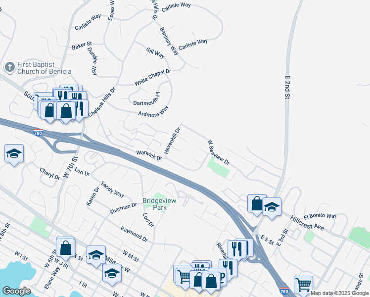 map of restaurants, bars, coffee shops, grocery stores, and more near 351 Arbor Court in Benicia