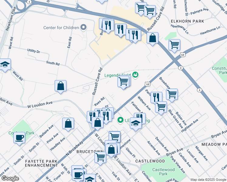 map of restaurants, bars, coffee shops, grocery stores, and more near 225 Twelfth Street in Lexington