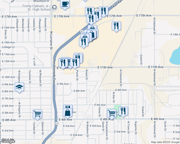 map of restaurants, bars, coffee shops, grocery stores, and more near 1621 Mustang Pass in Hutchinson