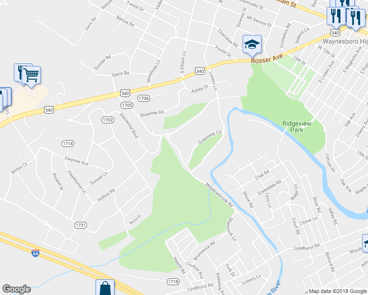 map of restaurants, bars, coffee shops, grocery stores, and more near 828 Meadowbrook Road in Waynesboro