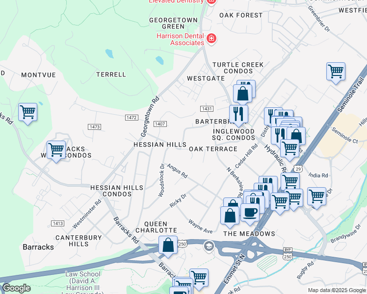 map of restaurants, bars, coffee shops, grocery stores, and more near 1701 Solomon Road in Charlottesville