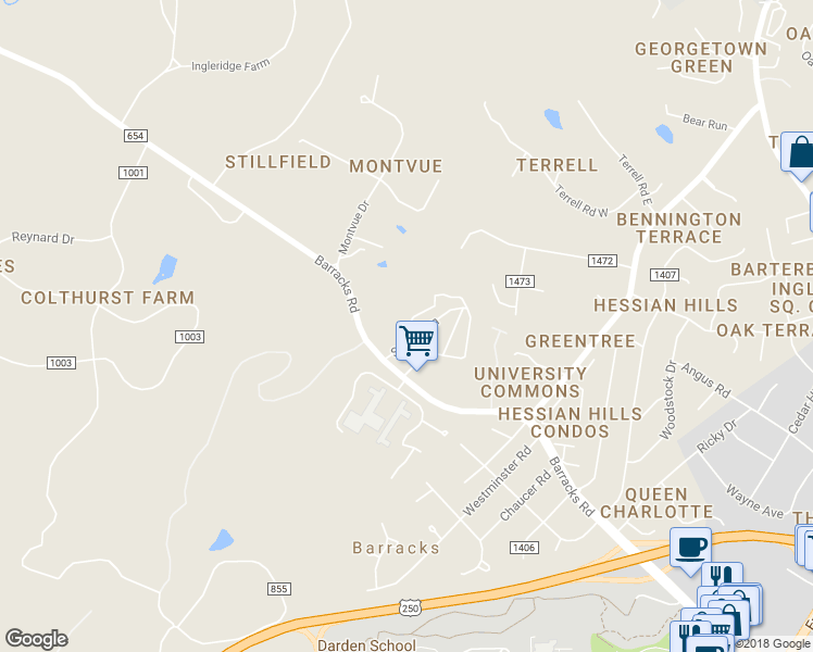 map of restaurants, bars, coffee shops, grocery stores, and more near 2633 Barracks Road in Charlottesville